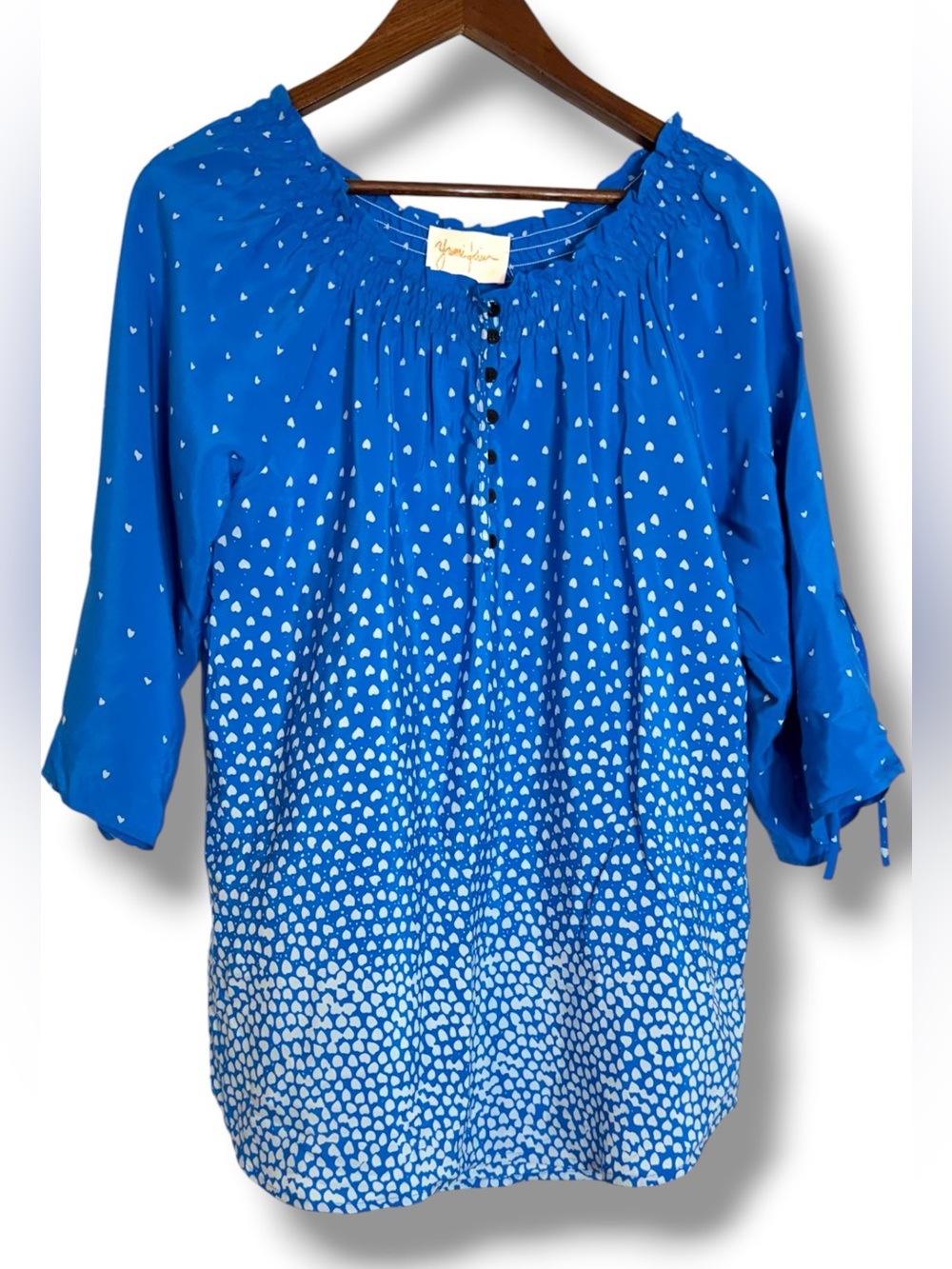 Yumi Kim Blue & White 100% Silk Heart Print Tunic Blouse Button Small NEW